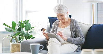 Buy stock photo Happy, old woman and tablet with credit card on sofa for online shopping, subscription payment or discount sale. Ecommerce, senior person and app for debit transaction and customer experience in home