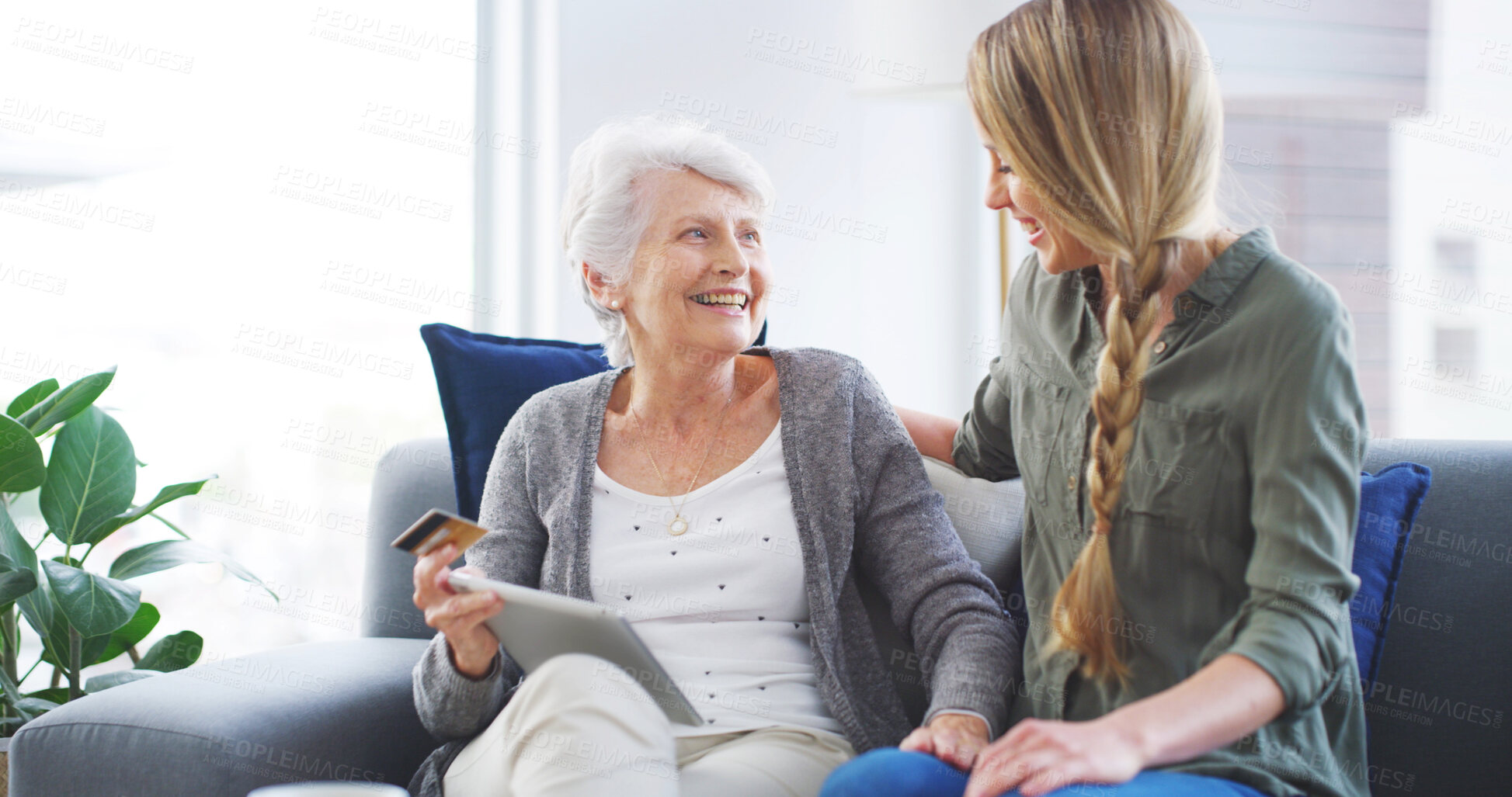 Buy stock photo Daughter, senior mother or credit card with tablet in home for online shopping, internet banking support or help. Ecommerce, family or teaching woman with bills payment, sale purchase or subscription