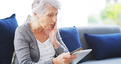 Buy stock photo House, surprise and senior woman on sofa, wow and internet with mistake in lounge. Pensioner, shocked and elderly lady on couch, tech and digital app for texting, announcement and connection