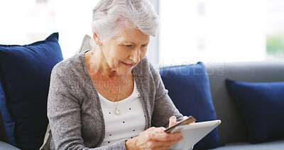 Buy stock photo House, tablet and old woman with credit card, payment and internet with online banking. Senior person, tech and elderly lady with purchase, debt and digital app for ecommerce, connection and mortgage