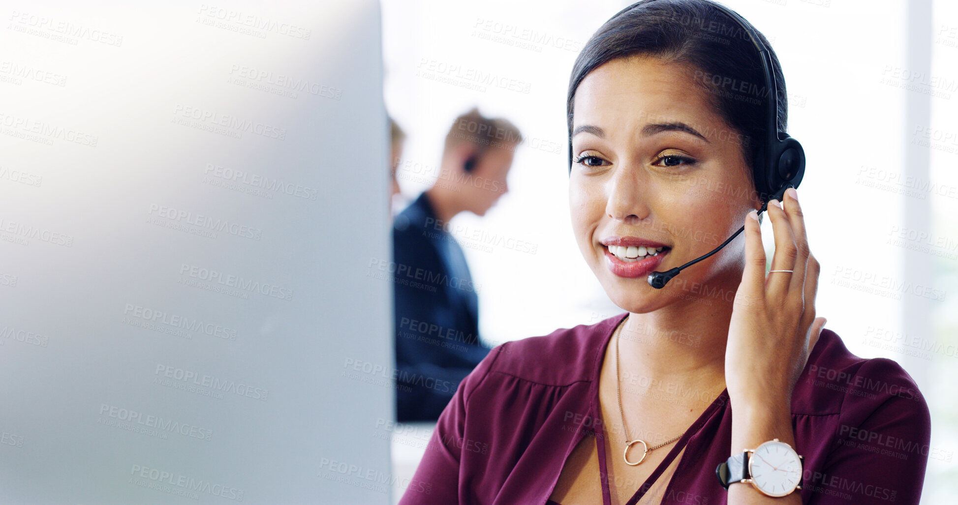 Buy stock photo Woman, headset and talking at computer for telemarketing, lead generation or insurance sales in office. Agent, tech or contact in call center for virtual consultation, B2B or client liaison in agency