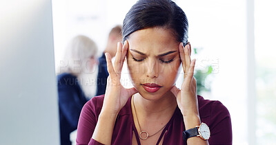 Buy stock photo Burnout, computer and business woman in office, exhausted with 404 error and pain. Frustrated, fatigue and tired girl with stress, anxiety and headache for internet crisis and receptionist report