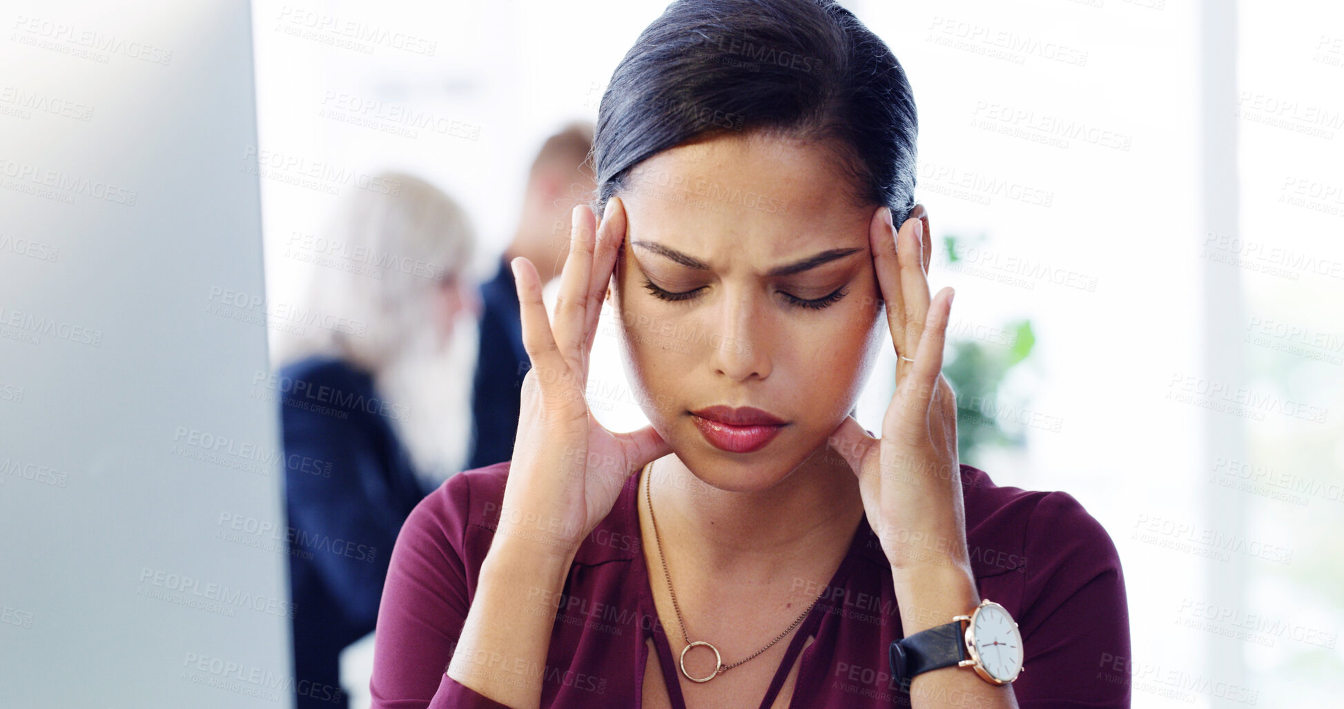 Buy stock photo Burnout, computer and business woman in office, exhausted with 404 error and pain. Frustrated, fatigue and tired girl with stress, anxiety and headache for internet crisis and receptionist report