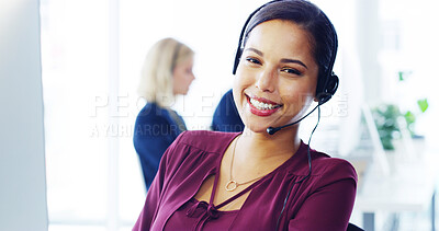 Buy stock photo Woman, headset or portrait at computer for telemarketing, lead generation or insurance sales in office. Agent, tech or contact in call center for virtual consultation, B2B or client liaison in agency