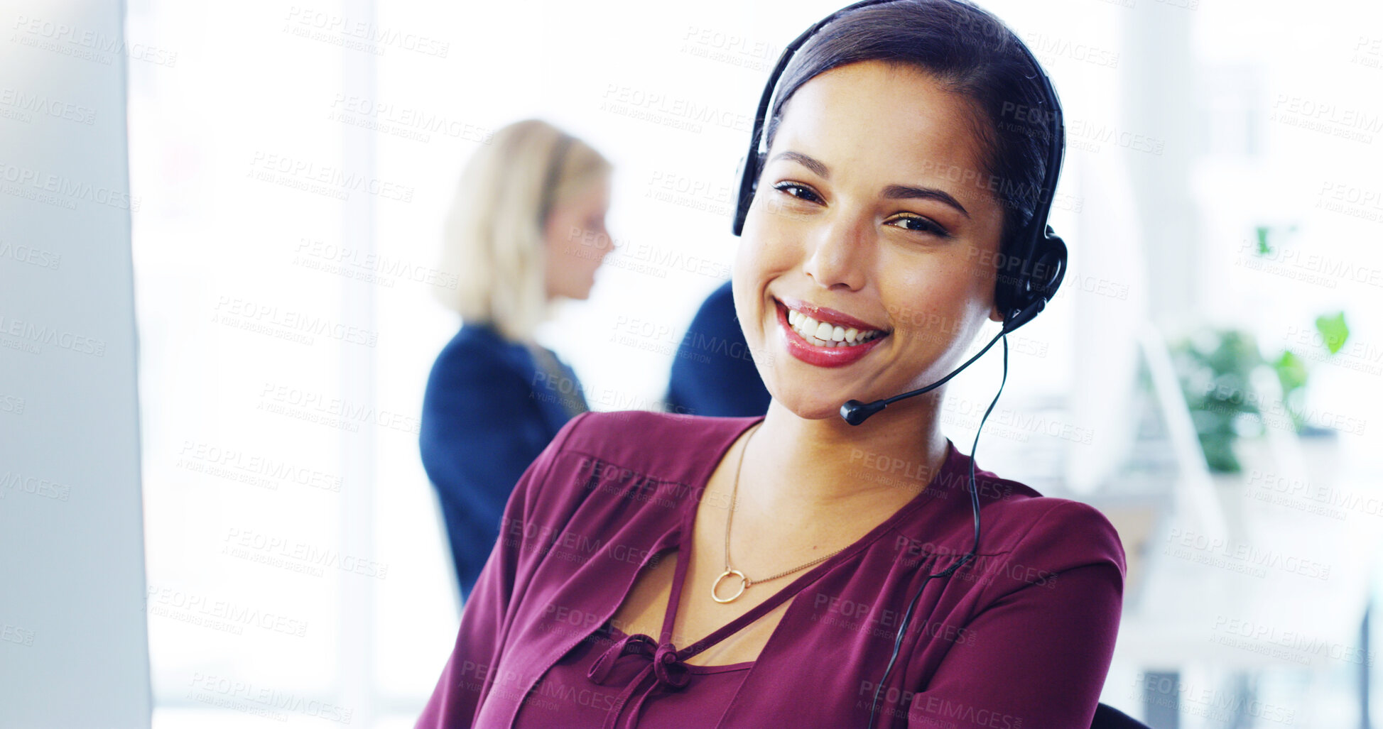 Buy stock photo Woman, headset or portrait at computer for telemarketing, lead generation or insurance sales in office. Agent, tech or contact in call center for virtual consultation, B2B or client liaison in agency