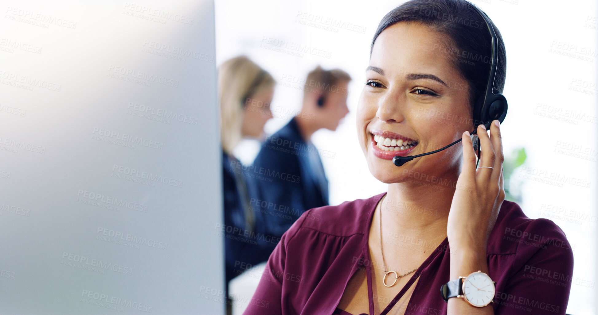 Buy stock photo Woman, headset and contact at computer for telemarketing, lead generation or insurance sales in office. Agent, tech or talking in call center for virtual consultation, B2B or client liaison in agency