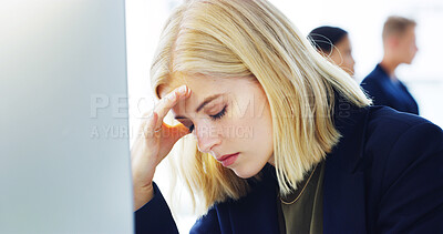 Buy stock photo Frustrated, computer and business woman in office, exhausted with 404 error and pain. Burnout, fatigue and tired girl with stress, anxiety and headache for internet crisis and receptionist report
