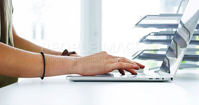 Buy stock photo Person, hands and typing on laptop for email, schedule planning and proposal or feedback for work in office. Woman, online and technology with writing for task or drafting, digital notes and report
