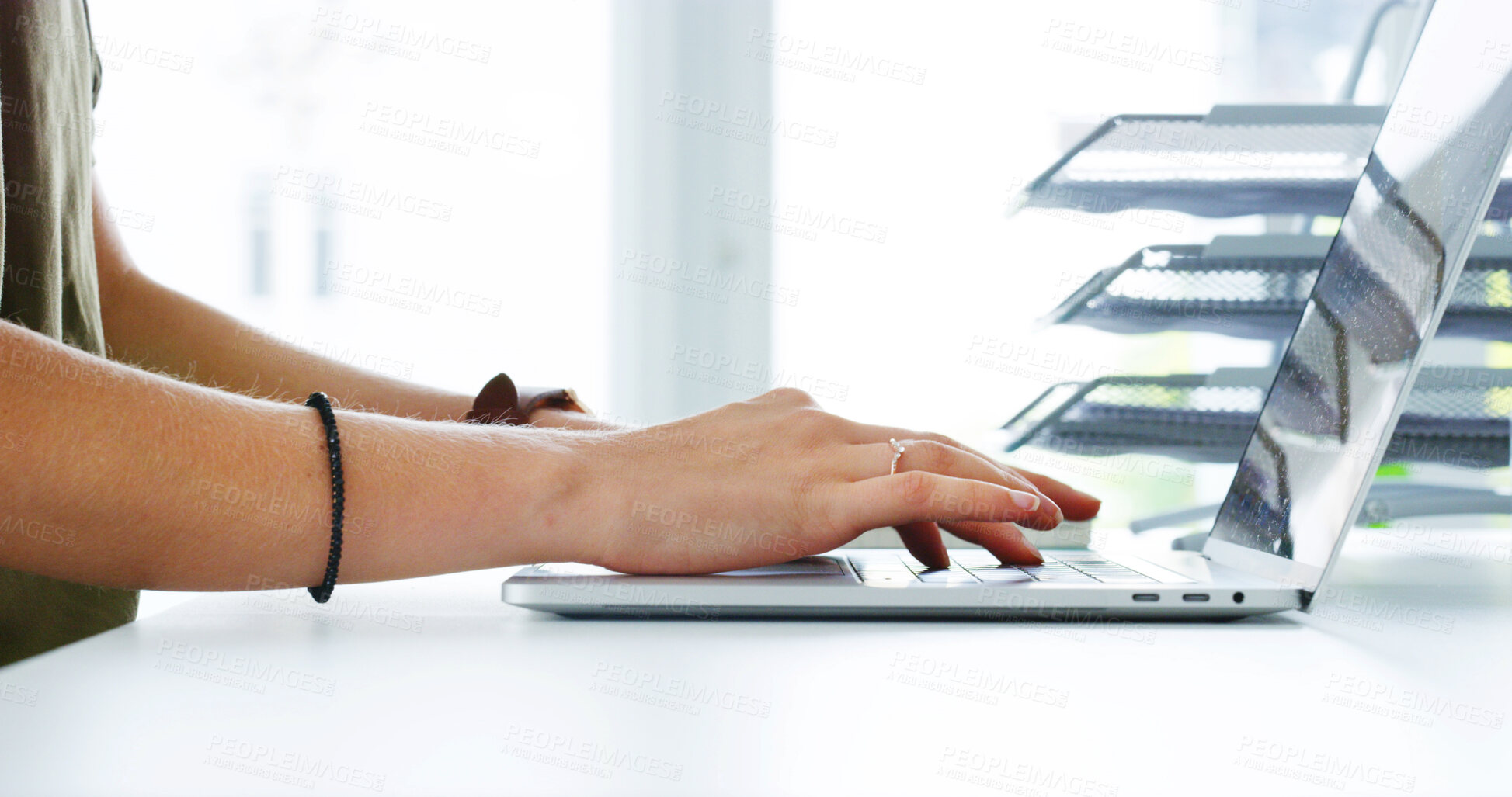 Buy stock photo Person, hands and typing on laptop for email, schedule planning and proposal or feedback for work in office. Woman, online and technology with writing for task or drafting, digital notes and report