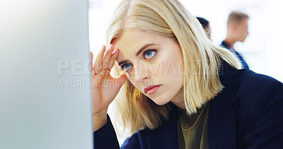 Buy stock photo Stress, computer and business woman in office, exhausted with 404 error and pain. Burnout, fatigue and tired girl with frustrated, anxiety and headache for internet crisis and receptionist report