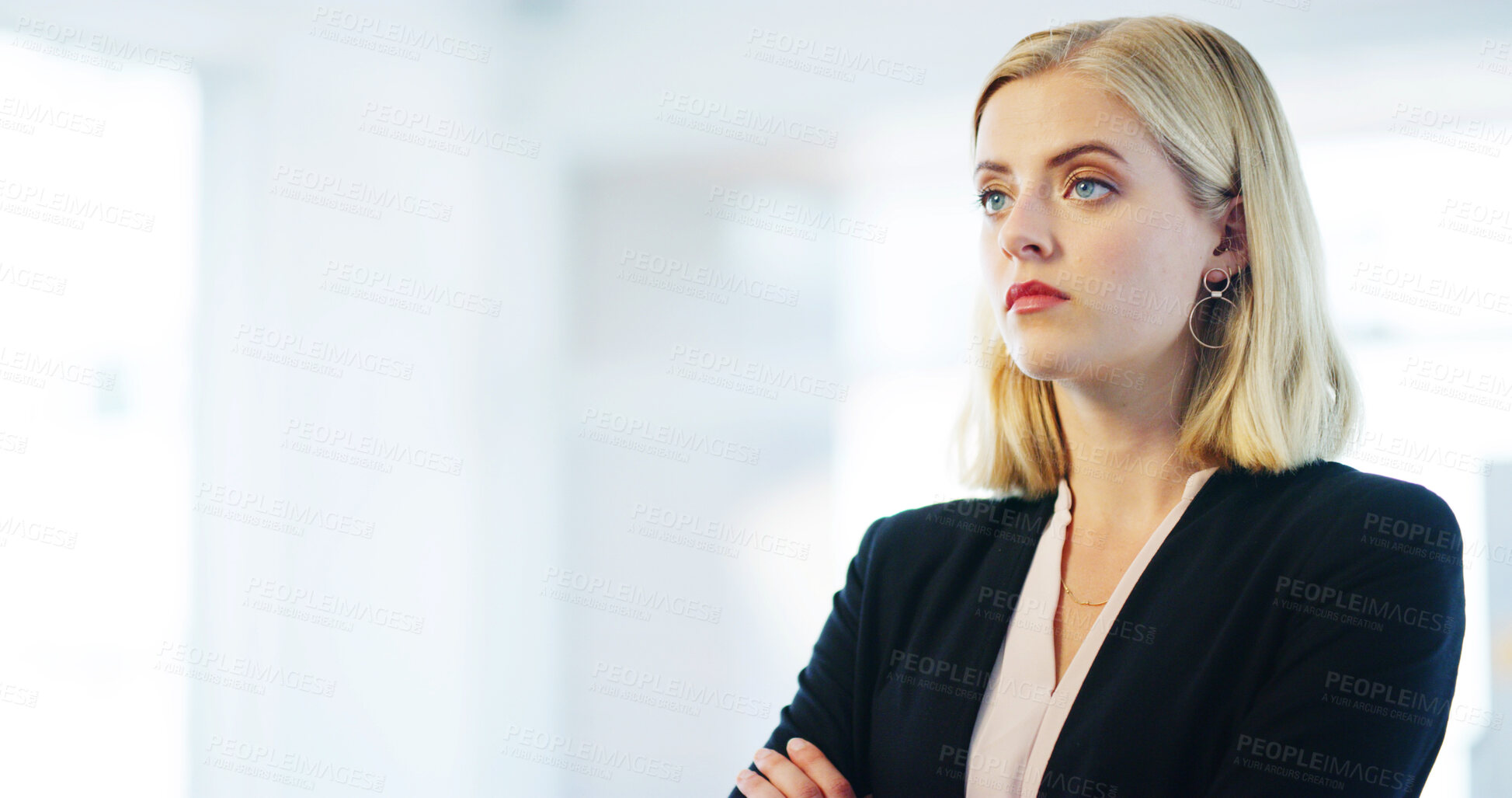 Buy stock photo Arms crossed, thinking and business woman in office for legal intern, paralegal caseworker and reflection. Mockup space, litigation and brainstorming with person in law firm for attorney solution