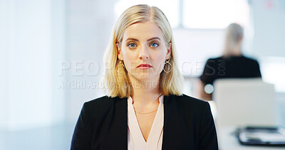 Buy stock photo Business, woman and serious in office for portrait, professional career and reception job. Receptionist, front desk and confident in workplace for customer service, employee and secretary in agency
