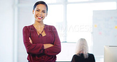Buy stock photo Arms crossed, portrait and welcome with business woman in office for about us, recruitment or we are hiring. Happy, onboarding and smile of friendly human resources employee at work for appointment