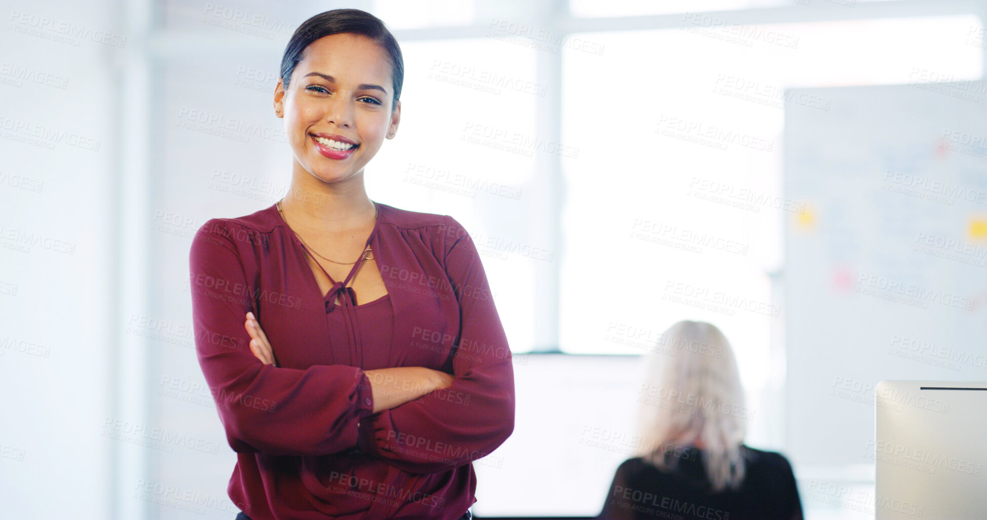 Buy stock photo Arms crossed, portrait and welcome with business woman in office for about us, recruitment or we are hiring. Happy, onboarding and smile of friendly human resources employee at work for appointment