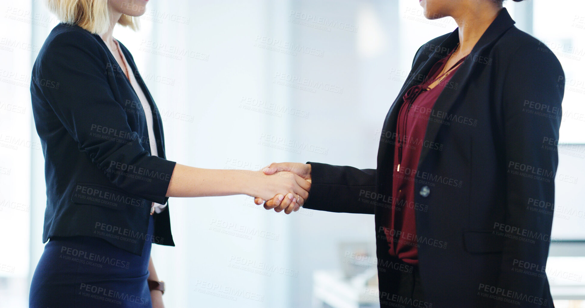 Buy stock photo Handshake, welcome and meeting with business people in office for b2b venture, corporate merger and partnership. Thank you, hiring and investment deal with employees shaking hands for acquisition