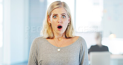 Buy stock photo Shocked, stress and woman for bad news, mistake or business crisis, scam or phishing for debt. Risk, bankruptcy and surprise of professional person for fail, announcement and project deadline