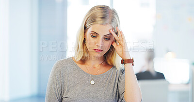 Buy stock photo Headache, thinking and woman with burnout, creative and frustrated with writers block, tired or office. Contemplating, fatigue and writer with brain fog in agency, stress and person with migraine