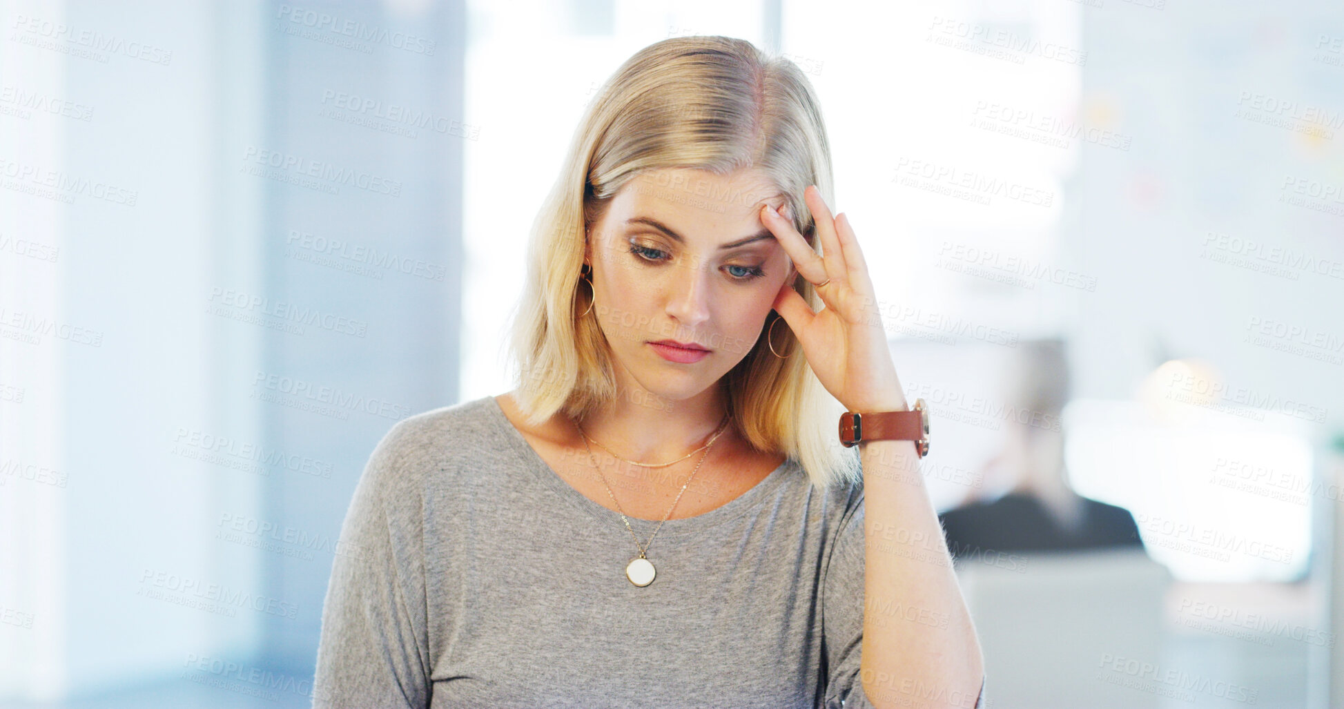 Buy stock photo Headache, thinking and woman with burnout, creative and frustrated with writers block, tired or office. Contemplating, fatigue and writer with brain fog in agency, stress and person with migraine
