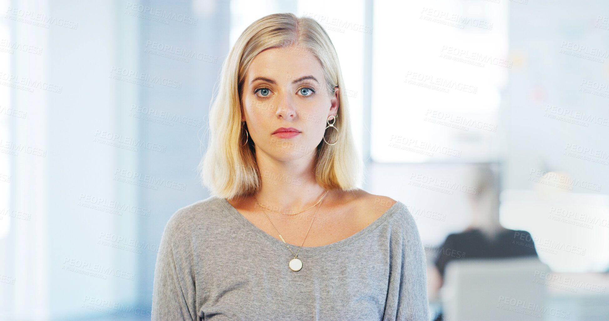 Buy stock photo Business, woman or fatigue in office with portrait, overworked or depression in company. Professional, employee or tired in workplace, mental health crisis or burnout with autopilot in tedious career