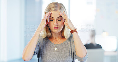 Buy stock photo Headache, thinking and woman with burnout, stress and frustrated with writers block, tired or office. Contemplating, fatigue and author with brain fog in agency, creative and person with migraine