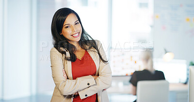 Buy stock photo About us, arms crossed and portrait of business woman in office for interview, onboarding or we are hiring. Happy, recruitment and smile with friendly human resources employee at work for appointment