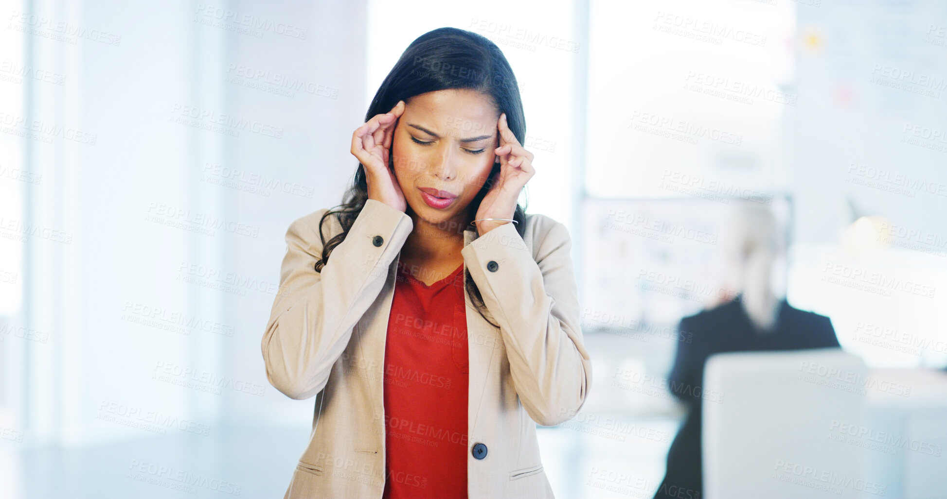 Buy stock photo Burnout, headache and stress with business woman in office for deadline, discomfort or pressure. Anxiety, crisis or difficulty and annoyed or frustrated employee at work with brain fog and fatigue