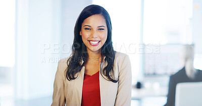 Buy stock photo Portrait, smile and business woman in office, professional person and confident tax consultant for compliance. Face, entrepreneur and expert worker, finance and fiscal advisor for company accounting