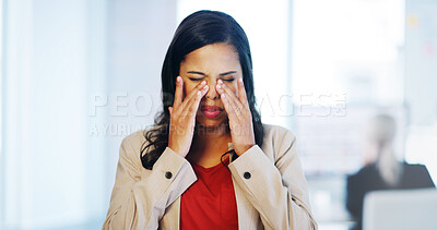 Buy stock photo Burnout, eye strain and stress with business woman in office for deadline, discomfort or pressure. Anxiety, difficult or headache and annoyed or frustrated employee at work with brain fog and fatigue