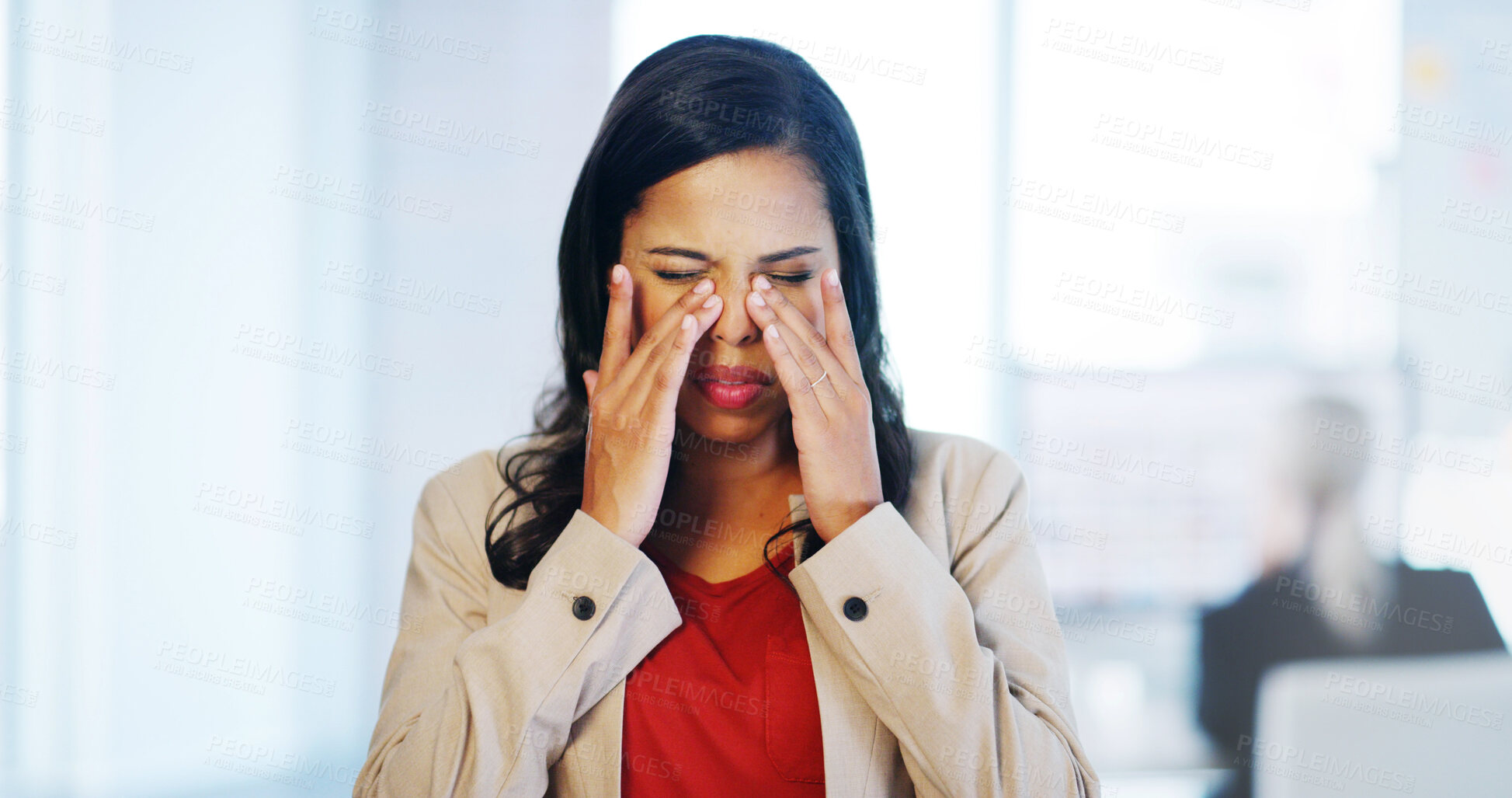 Buy stock photo Burnout, eye strain and stress with business woman in office for deadline, discomfort or pressure. Anxiety, difficult or headache and annoyed or frustrated employee at work with brain fog and fatigue