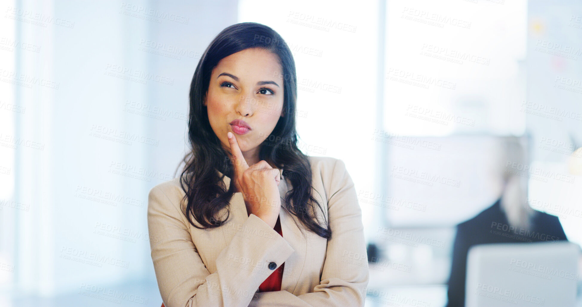 Buy stock photo Brainstorming, glasses and businesswoman in office with idea, planning and decision for legal career. Choice, thinking and attorney problem solving for real estate law case for property dispute.