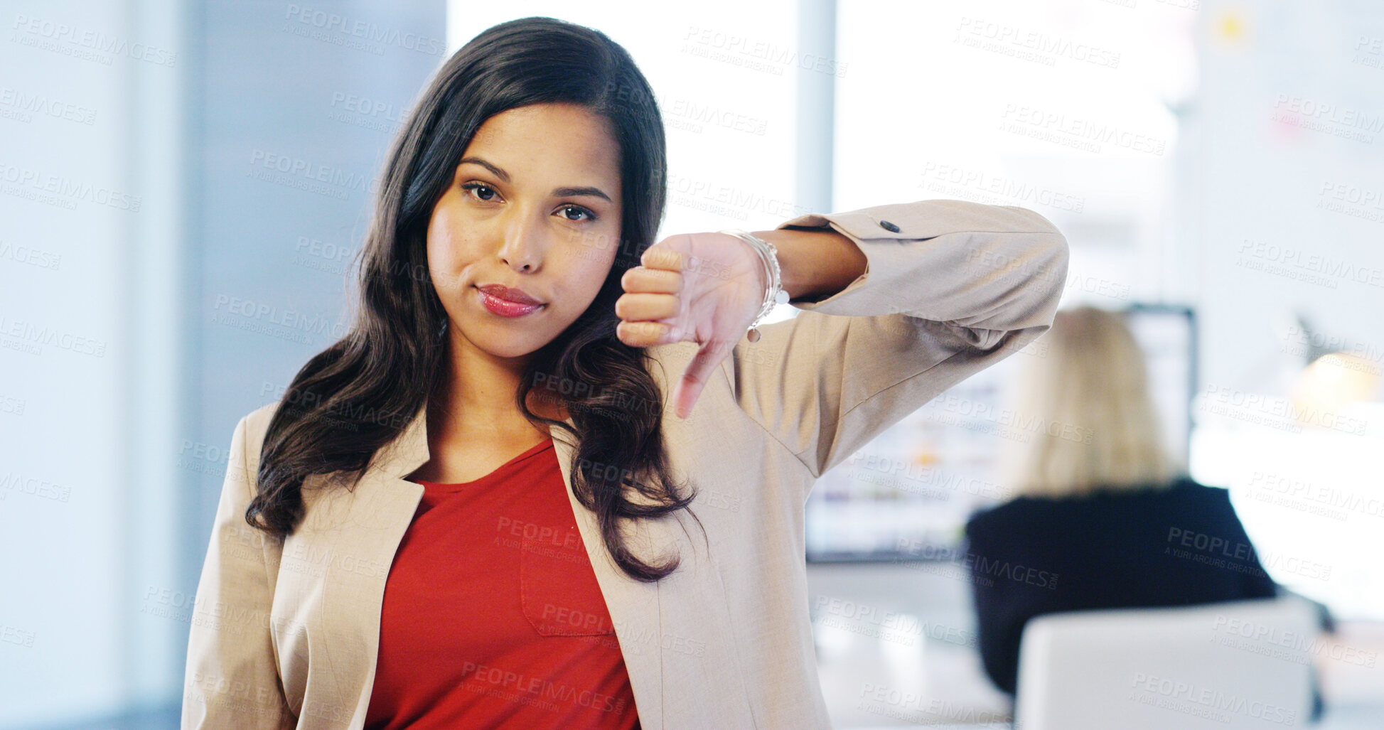 Buy stock photo Woman, thumbs down and portrait in office, reject and negative review for service at media company. Person, writer and sign for no, fail and disagree with icon, emoji or symbol at creative agency