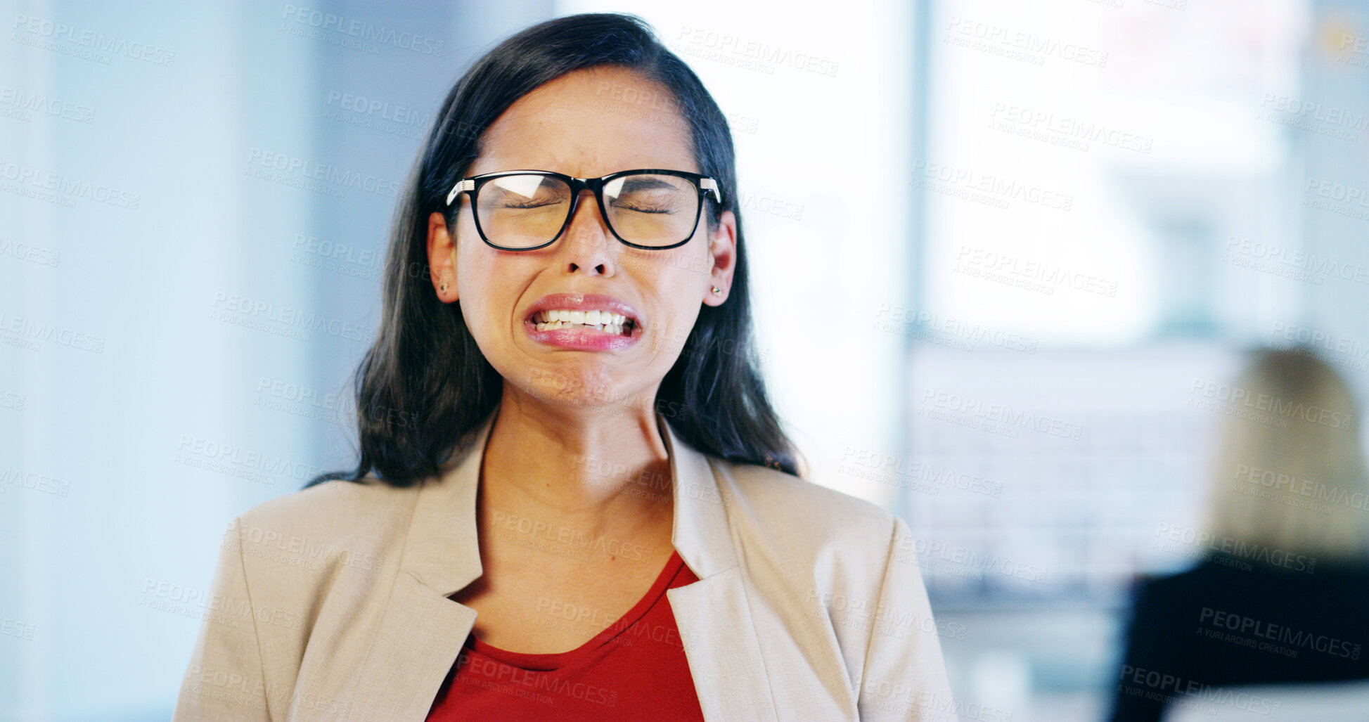 Buy stock photo Crying, sad and woman with burnout, office and overwhelmed with work for internship, stress or business. Frustrated, overworked and person with anxiety for mistake, depressed or employee with glasses