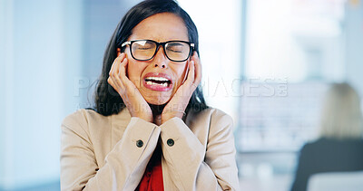 Buy stock photo Crying, stress and woman with burnout, office and overwhelmed with work for internship, sad or business. Frustrated, overworked and person with anxiety for mistake, depressed or employee with glasses