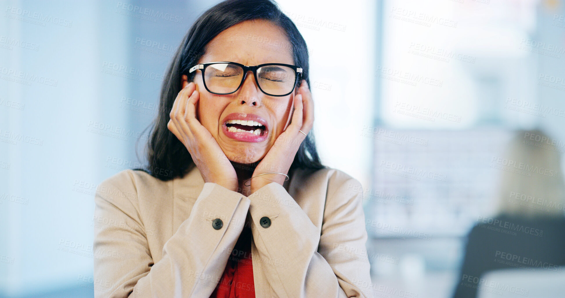 Buy stock photo Crying, stress and woman with burnout, office and overwhelmed with work for internship, sad or business. Frustrated, overworked and person with anxiety for mistake, depressed or employee with glasses