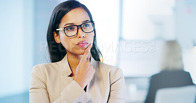Buy stock photo Thinking, glasses and businesswoman in office with idea, planning and decision for legal career. Choice, brainstorming and attorney problem solving for real estate law case for property dispute.