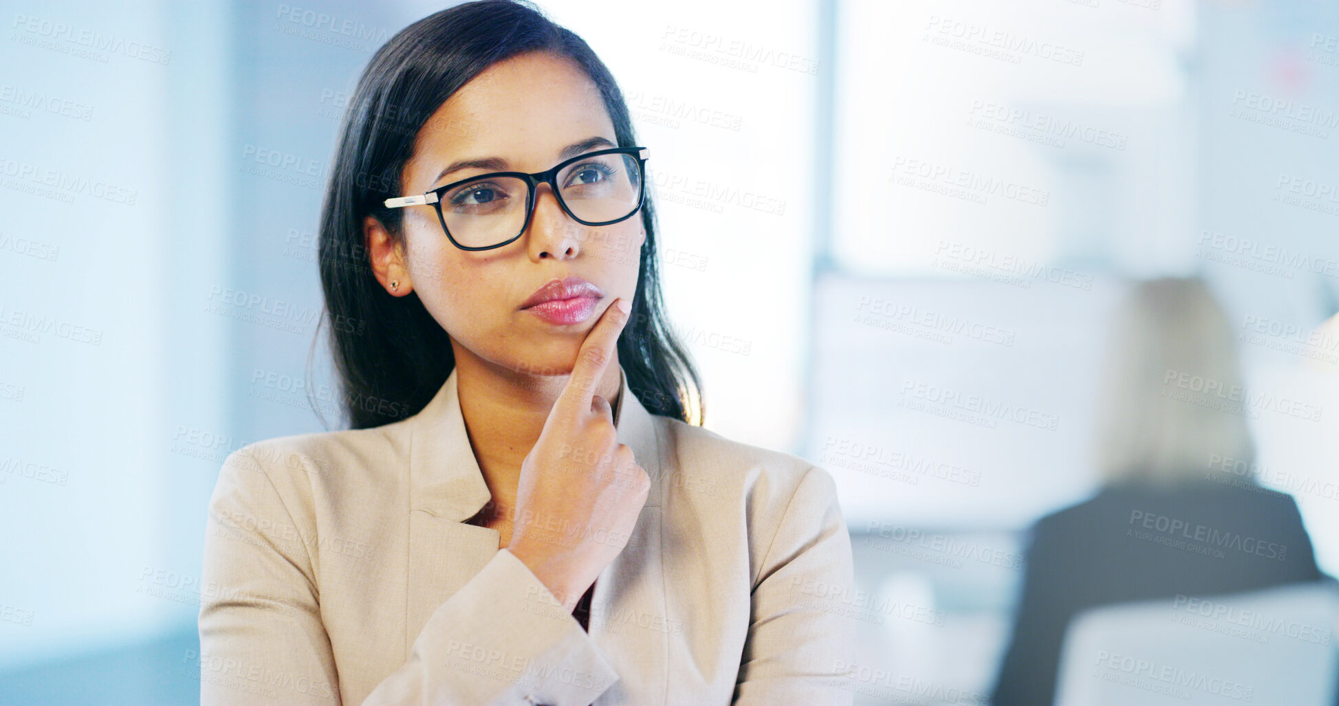 Buy stock photo Thinking, glasses and businesswoman in office with idea, planning and decision for legal career. Choice, brainstorming and attorney problem solving for real estate law case for property dispute.