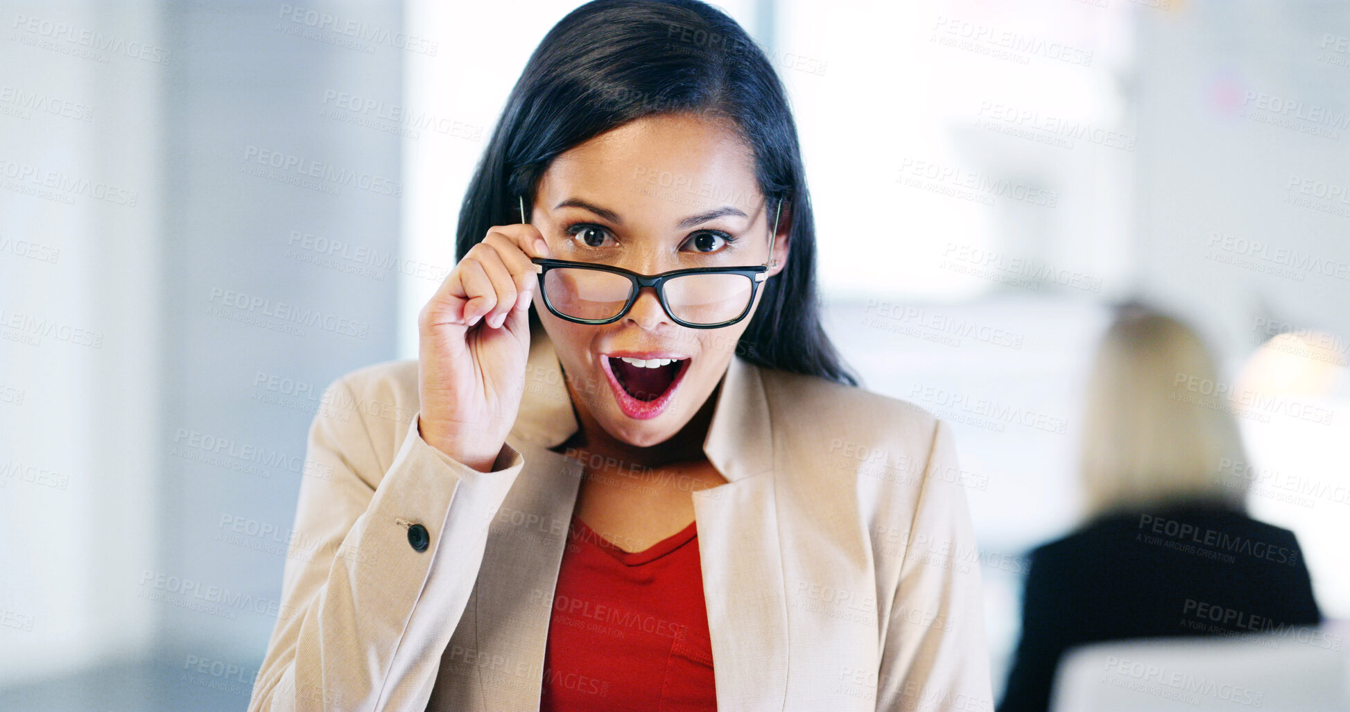 Buy stock photo Portrait, shocked and glasses with business woman in office for policy update, announcement or professional regulations. Surprise, notification and wow with person for legal compliance and review