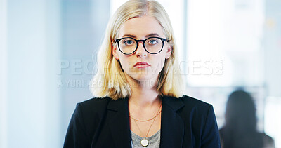 Buy stock photo Portrait, glasses and business woman in office, professional and confident tax consultant for compliance. Face, entrepreneur and expert employee, finance and serious fiscal advisor for accounting