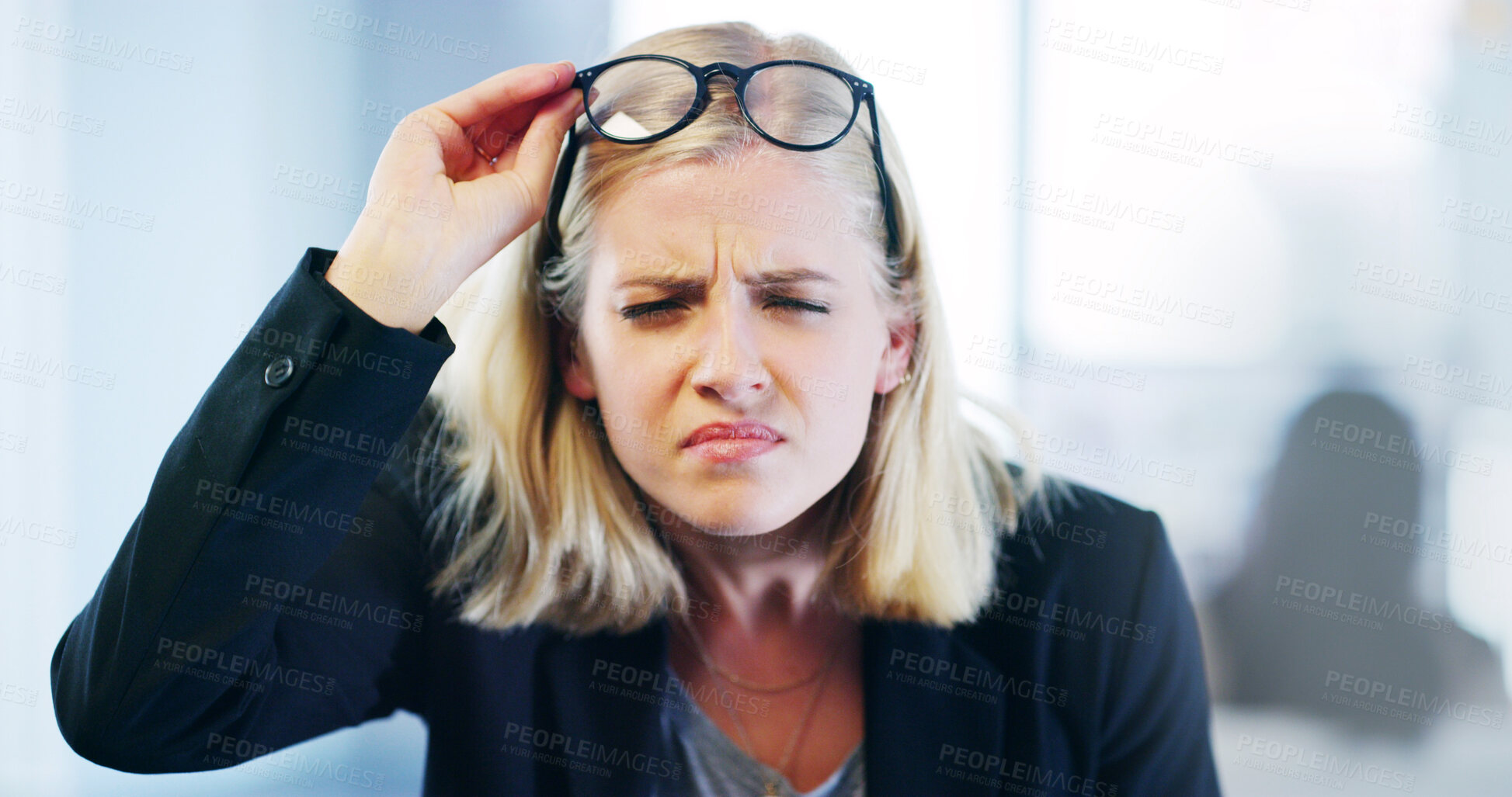 Buy stock photo Business, woman and poor eyesight with glasses in office for farsighted, prescription upgrade and eye strain. Female person, squinting and eyewear for blurry vision, optometry crisis and lens mistake
