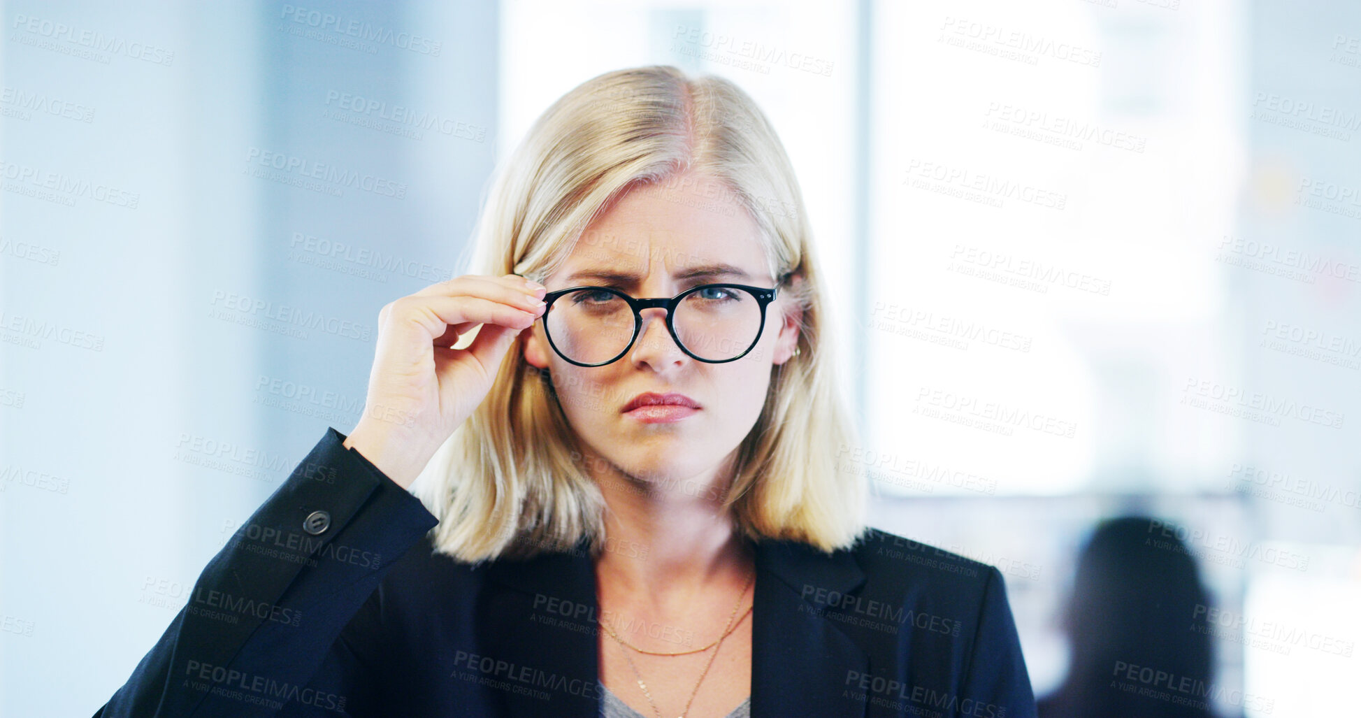 Buy stock photo Frustrated, portrait and woman with glasses bad eyesight, frame or wrong lens for optometry at office. Face, female person or business employee with strain, spectacles or vision impairment at work