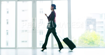 Buy stock photo Suitcase, travel and businesswoman at airport for work trip with overseas client for investment. Walking, luggage and female corporate accountant with international journey with global destination.