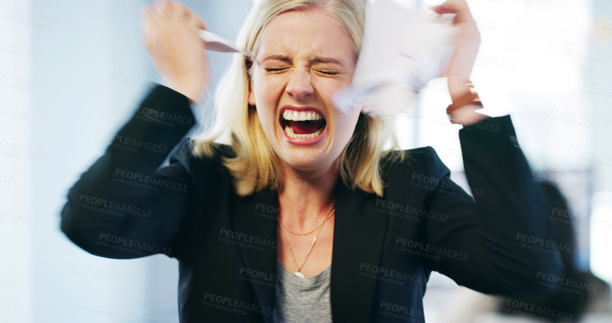 Buy stock photo Frustrated, business woman and shouting with documents for stress, financial crisis or frozen account at office. Angry, female person or accountant screaming with frustration or paperwork for debt