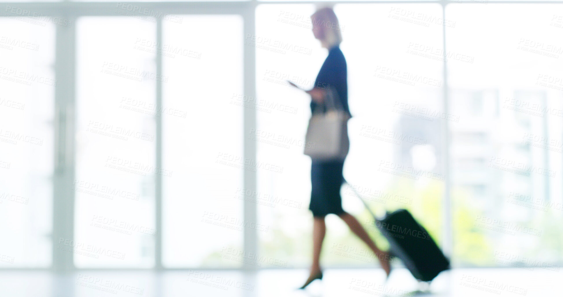 Buy stock photo Suitcase, travel and businesswoman at airport for global trip with overseas client for investment. Walking, luggage and female corporate accountant with international journey with work destination.