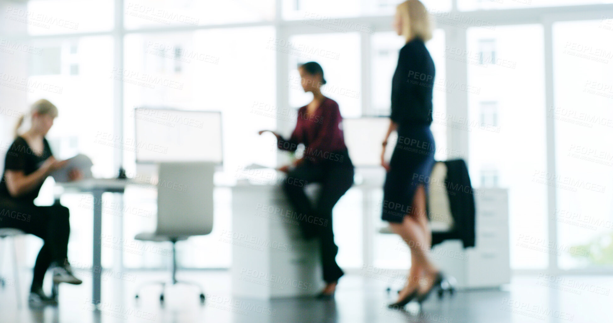 Buy stock photo Blur, meeting and teamwork with business people in office for planning, feedback and training course. Project manager, discussion and collaboration with employees for development and workshop