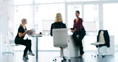 Buy stock photo Blur, meeting and planning with business people in office for teamwork, feedback and training course. Project manager, discussion and collaboration with employees for development and workshop