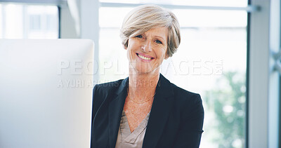 Buy stock photo Woman, portrait and happy at computer for business, realtor about us and confidence in office. Mature estate agent, smile and tech in agency for consulting, email appointments and property investor