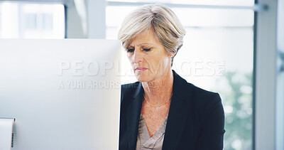 Buy stock photo Reading, computer and stress with business woman in office for debt solution, loan application and email. Bank manager, client portfolio and policy update with mature person in finance firm.