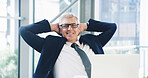 Success, portrait and laptop with business man in office for corporate venture capital, deal closer or private equity. Planning, finance return and satisfied with mature employee for portfolio assets