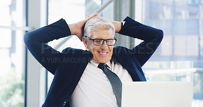 Buy stock photo Success, relax and laptop with business man in office for corporate venture capital, deal closer and private equity. Planning, finance return and satisfied with mature employee for portfolio assets
