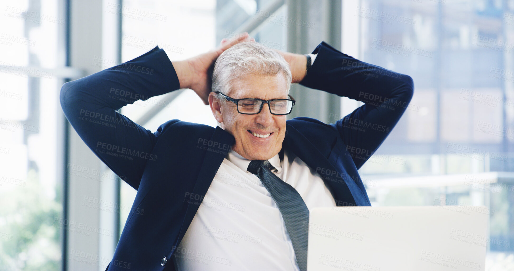 Buy stock photo Success, relax and laptop with business man in office for corporate venture capital, deal closer and private equity. Planning, finance return and satisfied with mature employee for portfolio assets